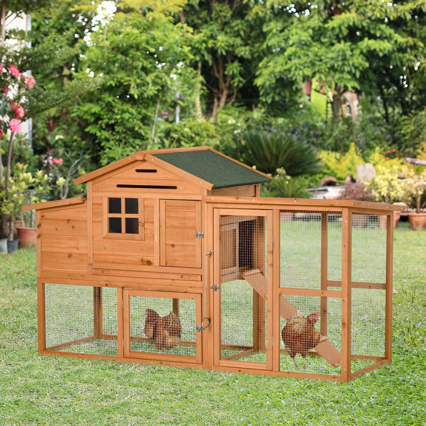PawHut 76" Wooden Chicken Coop, Outdoor Hen House Poultry Cage with Outdoor Run, Nesting Box, Removable Tray and Lockable Doors, Orange | Aosom Canada