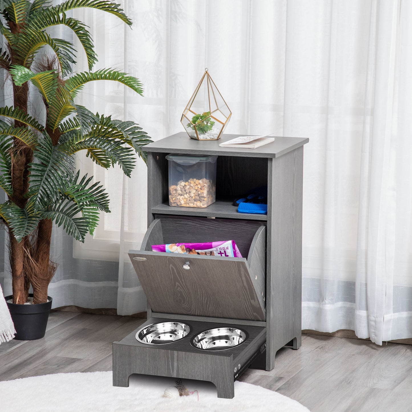 PawHut Pet Feeder Station Dog and Cat Food Storage Feeding Station Food Cabinet Pet Storage Organizer Grey | Aosom Canada