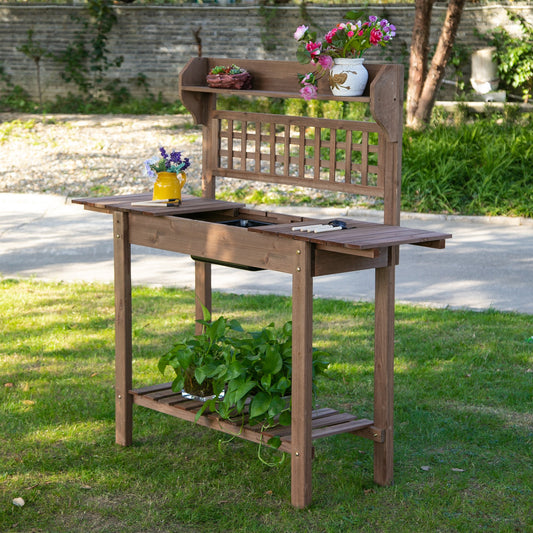Outsunny 39'' x 18'' x 55'' Wooden Garden Potting Table with Clapboard Plant Work Bench Workstation Outdoor, Brown | Aosom Canada