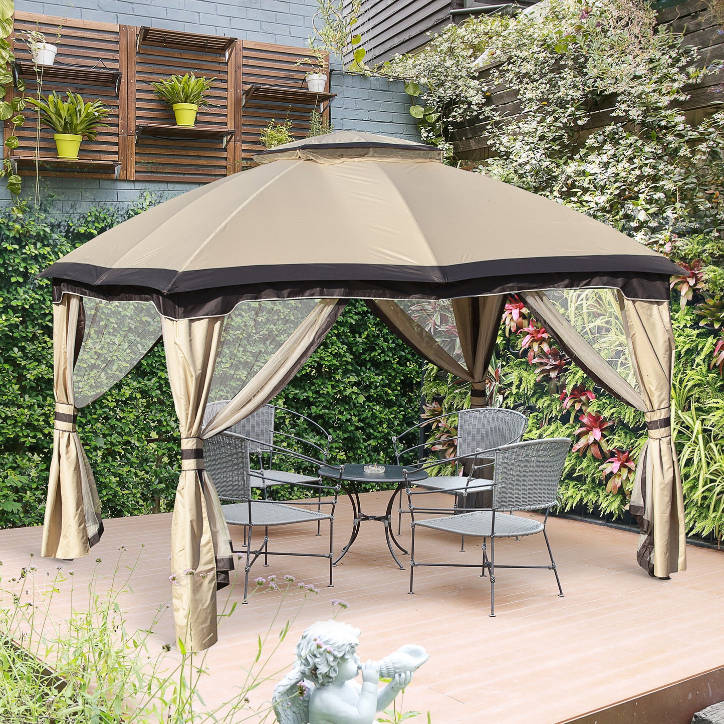 Outsunny 12' x 10' 2-Tier Outdoor Gazebo Canopy Tent for Patio with Zippered Mesh Sidewalls, Solid Steel Frame, Arched Roof, Beige | Aosom Canada