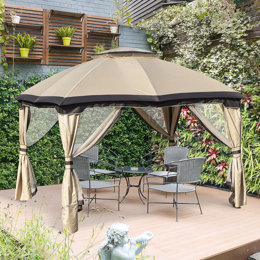 Outsunny 12' x 10' 2-Tier Outdoor Gazebo Canopy Tent for Patio with Zippered Mesh Sidewalls, Solid Steel Frame, Arched Roof, Beige | Aosom Canada