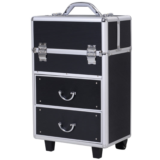 Homcom Makeup Case Box Professional Rolling Train Travel Case Beauty Cosmetic Organizer Trolley With 2 Wheels Black | Aosom Canada