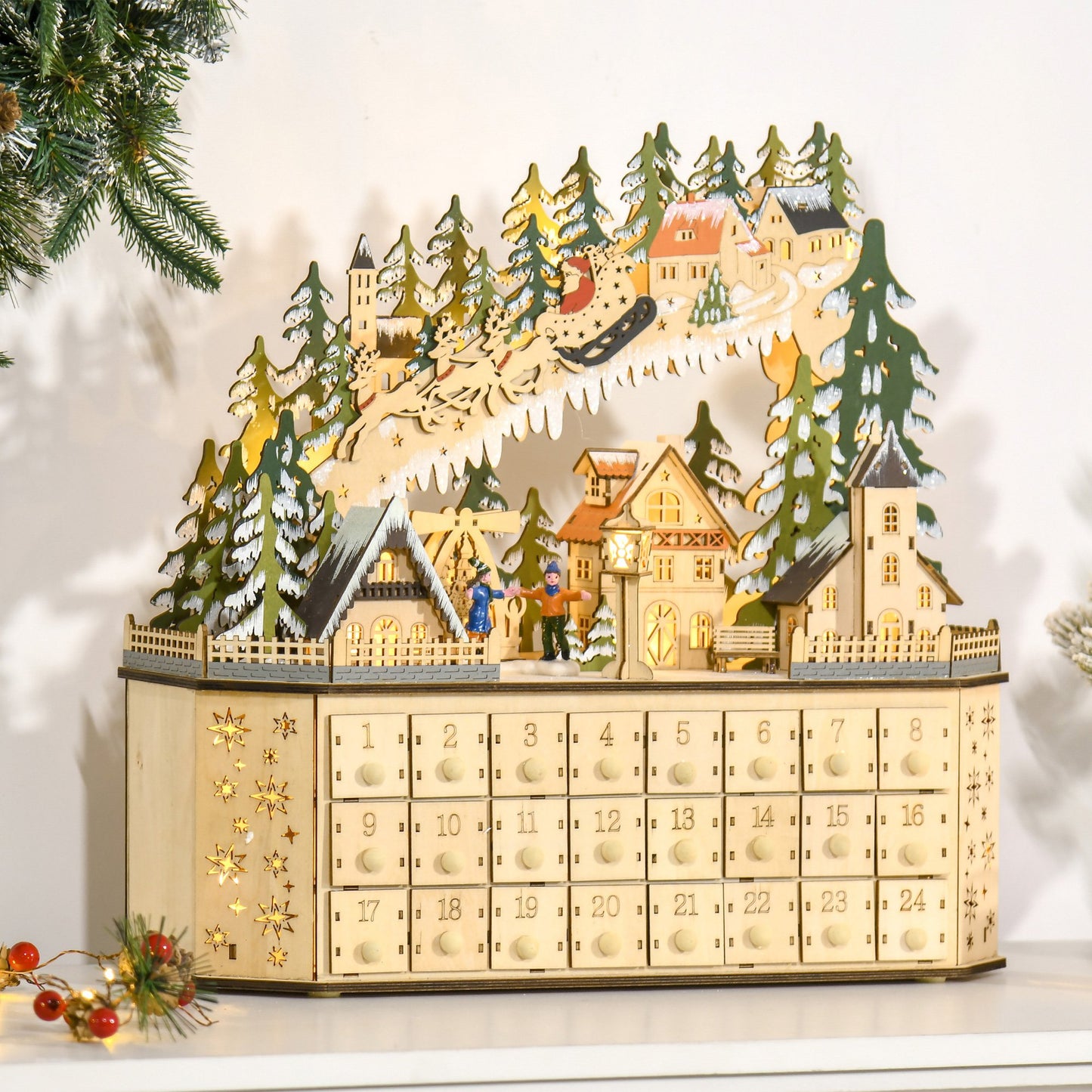 HOMCOM Christmas Advent Calendar, Light Up Table Xmas Wooden Box Holiday Decoration with Countdown Drawer, Natural Wood Color | Aosom Canada