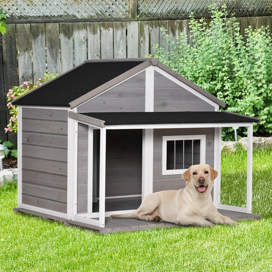 PawHut Outdoor Cabin Style House, Wooden Raised Pet Kennel with Asphalt Roof for Medium/Large Dogs, 53 Lbs, Grey | Aosom Canada