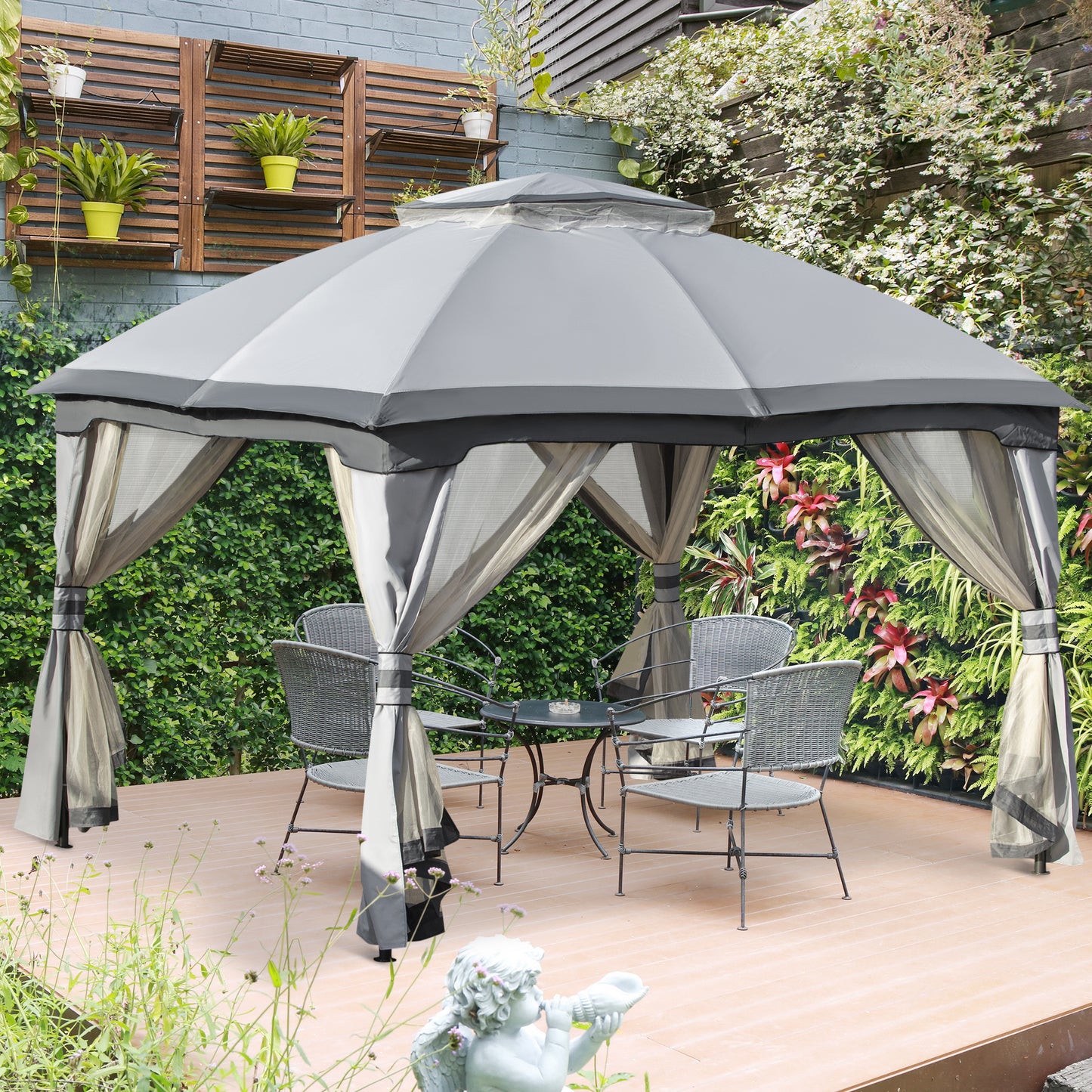 Outsunny 12' x 10' 2-Tier Outdoor Gazebo Canopy Tent for Patio with Zippered Mesh Sidewalls, Solid Steel Frame, Arched Roof, Grey | Aosom Canada