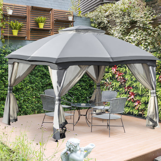 Outsunny 12' x 10' 2-Tier Outdoor Gazebo Canopy Tent for Patio with Zippered Mesh Sidewalls, Solid Steel Frame, Arched Roof, Grey | Aosom Canada