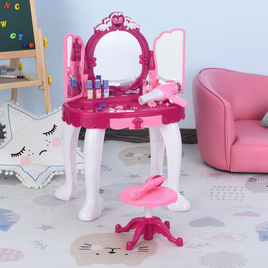 Qaba Children Dressing Table Set Girls Pretend Princess Vanity Table Chair w/ Music and Lightening Cosmetic Mirror Hair Dryer | Aosom Canada