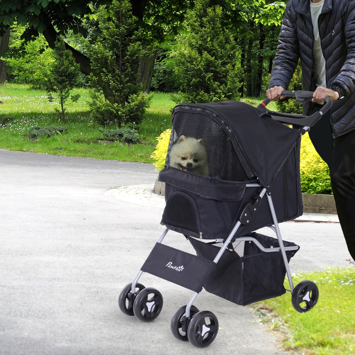 PawHut Pet Stroller 4 Wheels Jogging Stroller w/ Cup Holder, Basket, 360 ° swiveling front wheels, One Push Button-Fold, Black | Aosom Canada