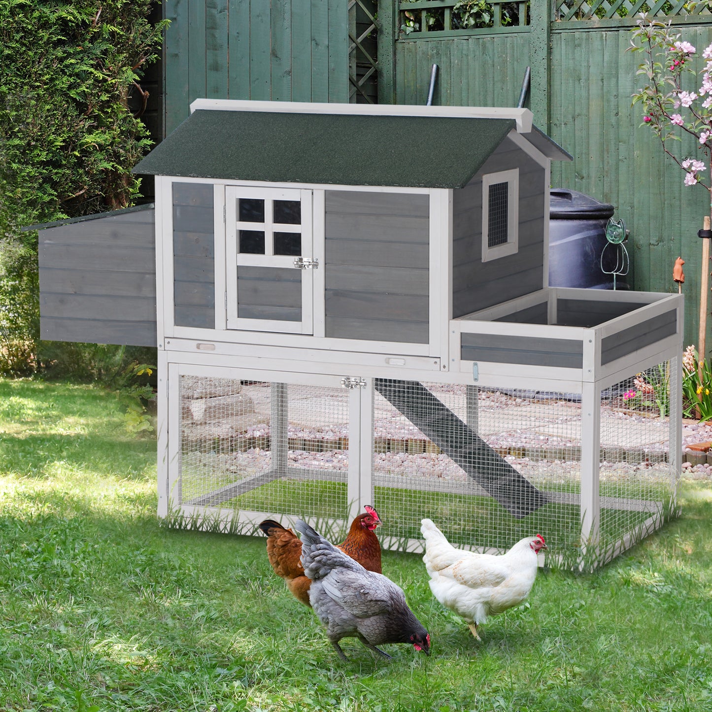 PawHut 63" Chicken Coop Wooden Hen House Rabbit Hutch Poultry Cage Pen Outdoor Backyard With Garden Box, Run Area, Nesting Box Grey | Aosom Canada