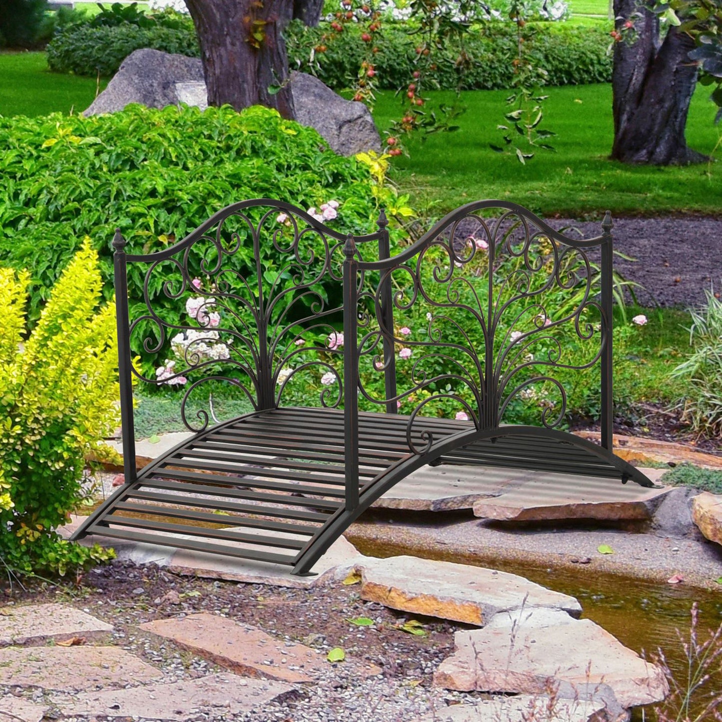 Outsunny 4FT Metal Garden Bridge Decorative Arc Bridge with Guardrails Black Bronze | Aosom Canada