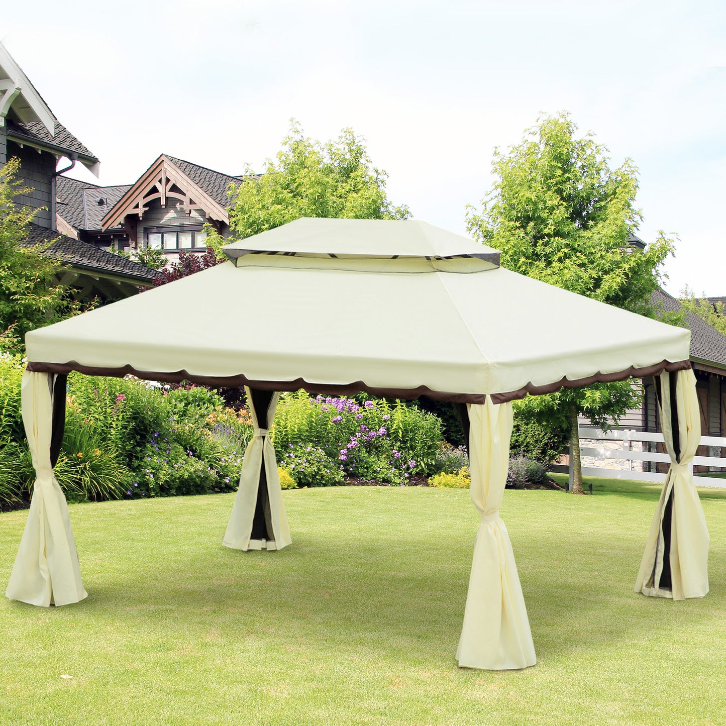 Outsunny 10 x 13ft Aluminum Frame Gazebo Canopy Double Tier Garden Shelter with Netting and Curtains, Beige | Aosom Canada