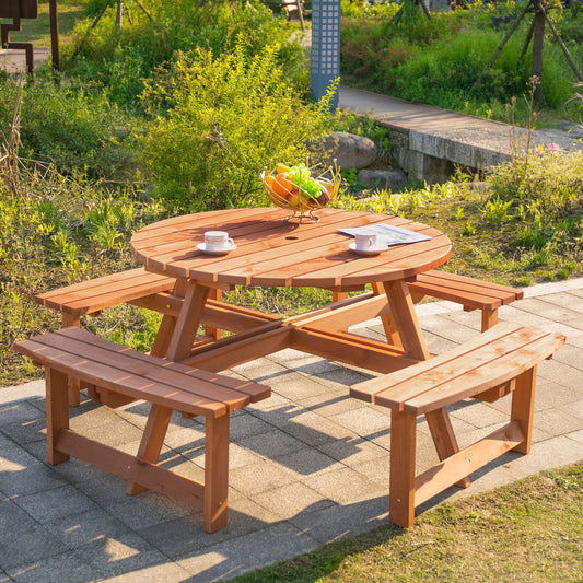 Outsunny 8 Seater Round Wooden Pub Bench Picnic Table Garden table Furniture Set for Outdoor | Aosom Canada