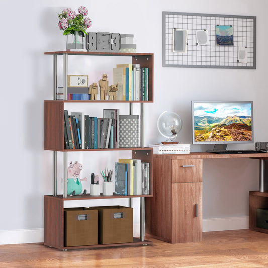 HOMCOM 4-Tires Wooden Bookcase S Shape Storage Bookshelf Display for Living Room, Bedroom, Office with Steel Frame, Walnut | Aosom Canada