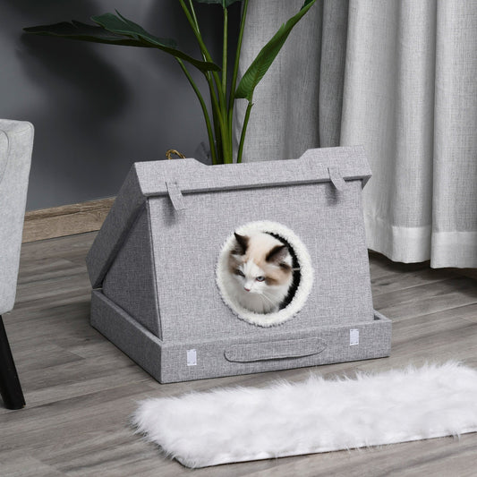 PawHut Wooden Cat House Foldable Kitten Cave 2 In 1 Design Condo Pet Bed with Soft Removable Washable Cushions Scratching Pad Suitcase | Aosom Canada