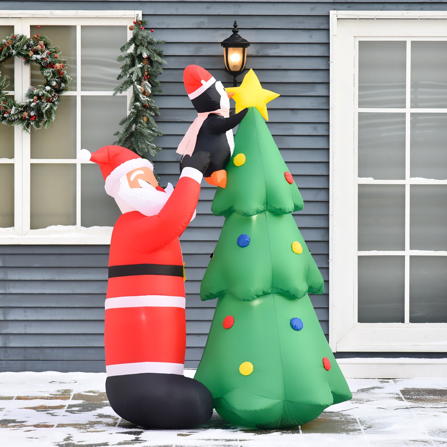 HOMCOM 6ft Christmas Inflatable Tree with Santa Claus and Penguin Outdoor Decorations,Built-in white Lights | Aosom Canada