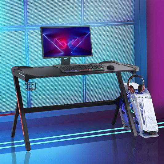 HOMCOM 55" Gaming Desk Racing Style Computer Table with LED Light Cup Holder Headphone Hook Cable Management, Black | Aosom Canada