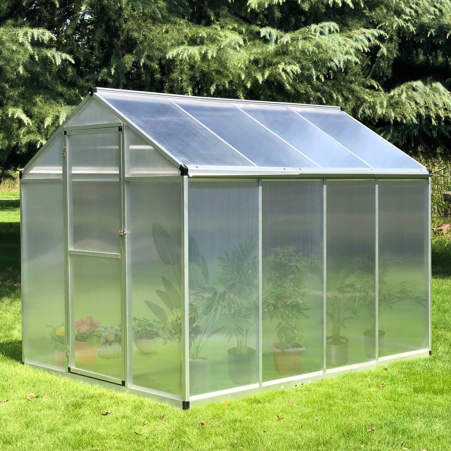 Outsunny 8' L x 6' W Walk-In Polycarbonate Greenhouse with Roof Vent for Ventilation & Rain Gutter, Hobby Greenhouse for Winter | Aosom Canada