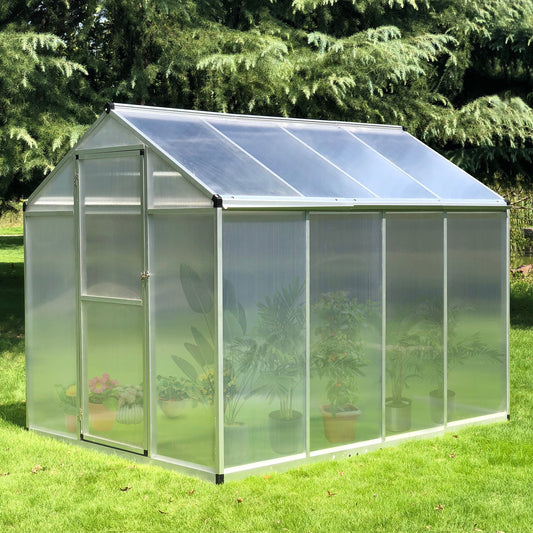 Outsunny 8' L x 6' W Walk-In Polycarbonate Greenhouse with Roof Vent for Ventilation & Rain Gutter, Hobby Greenhouse for Winter | Aosom Canada