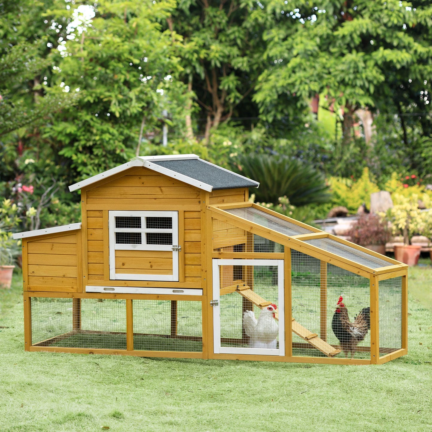 PawHut 79" Wooden Chicken Coop, Outdoor Hen House, Poultry Habitat with Removable Tray, Nesting Box, Run, Ramp | Aosom Canada