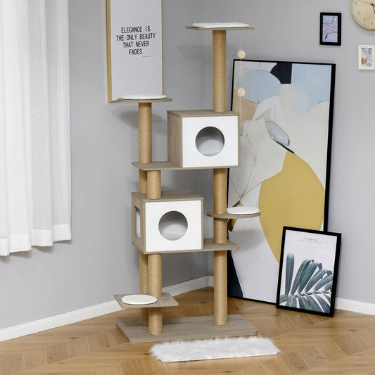 PawHut 69.75" Cat Tree Condo Tower Kittens Activity Stand House with Hanging Toy Ball with Scratching Posts for Small Cats, Light Grey | Aosom Canada