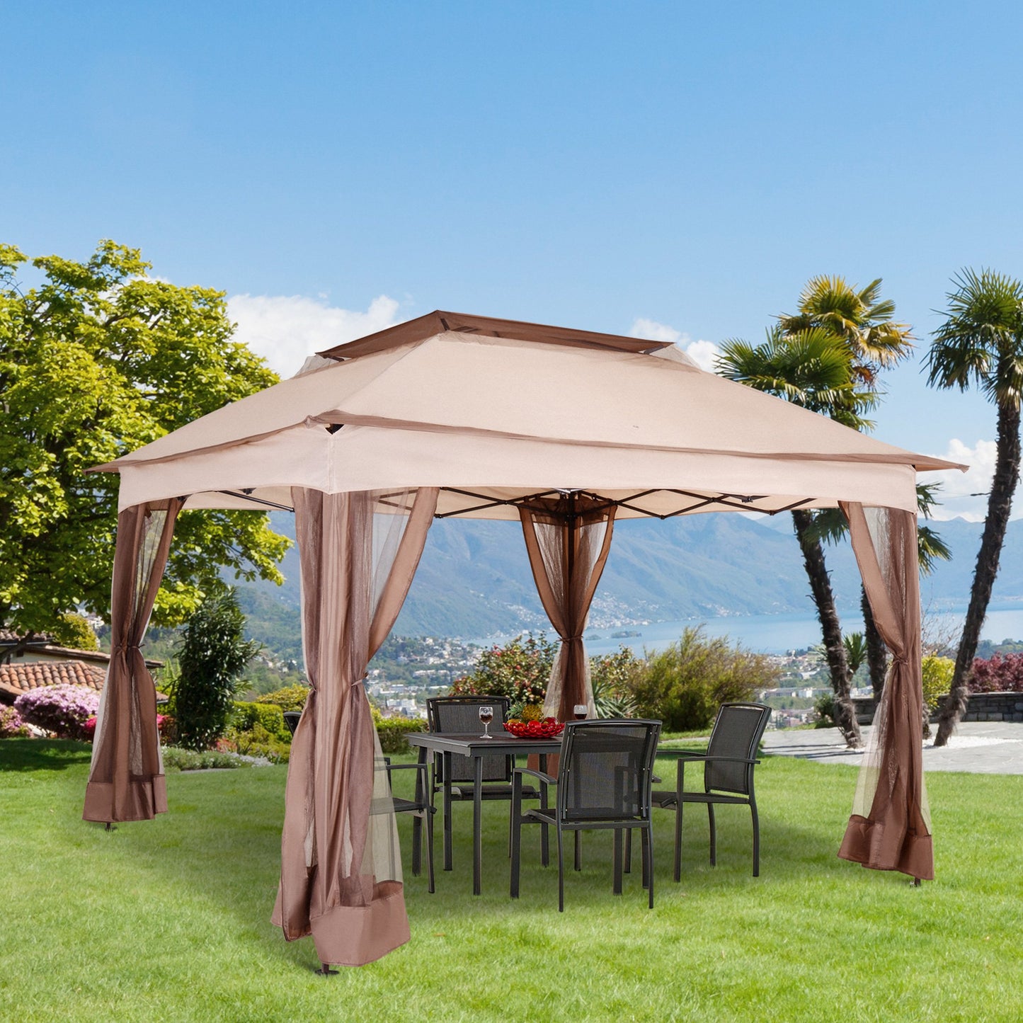 Outsunny 11x11ft Pop Up Gazebo Canopy Outdoor Party Tent Dual-Tiered Gazebo w/ Mosquito Netting and Carrying Bag Khaki | Aosom Canada