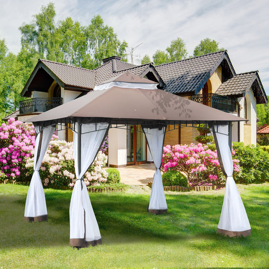 Outsunny 10x10ft Double Tier Gazebo Canopy Sunshade Tent Water-Resistant Anti-UV Roof w/ Metal Frame & Mesh Sidewalls Coffee | Aosom Canada