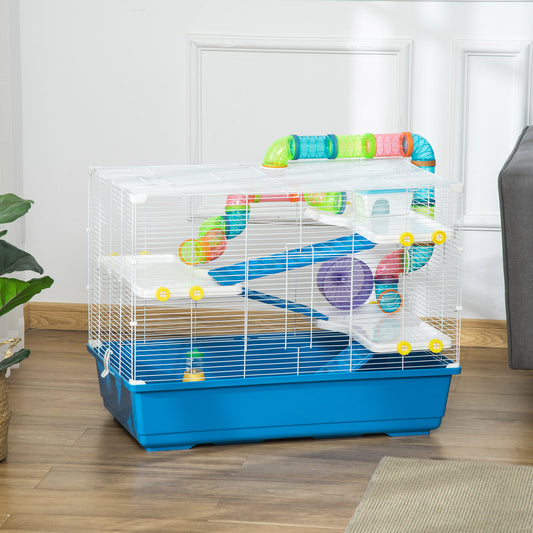 PawHut 31" Large Hamster Cage, Small Animal House, Multi-storey Gerbil Haven, Tunnel Tube System, with Water Bottle, Blue | Aosom Canada