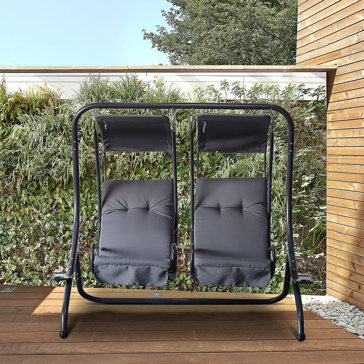 Outsunny 2 Seat Modern Outdoor Swing Chairs w/ Handrails and Removable Canopy - Grey | Aosom Canada