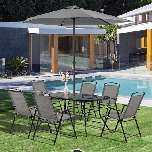 Outsunny 8 Piece Patio Dining Set with Table Umbrella, 6 Folding Chairs and Rectangle Dining Table, Outdoor Patio Furniture Set, Grey | Aosom Canada
