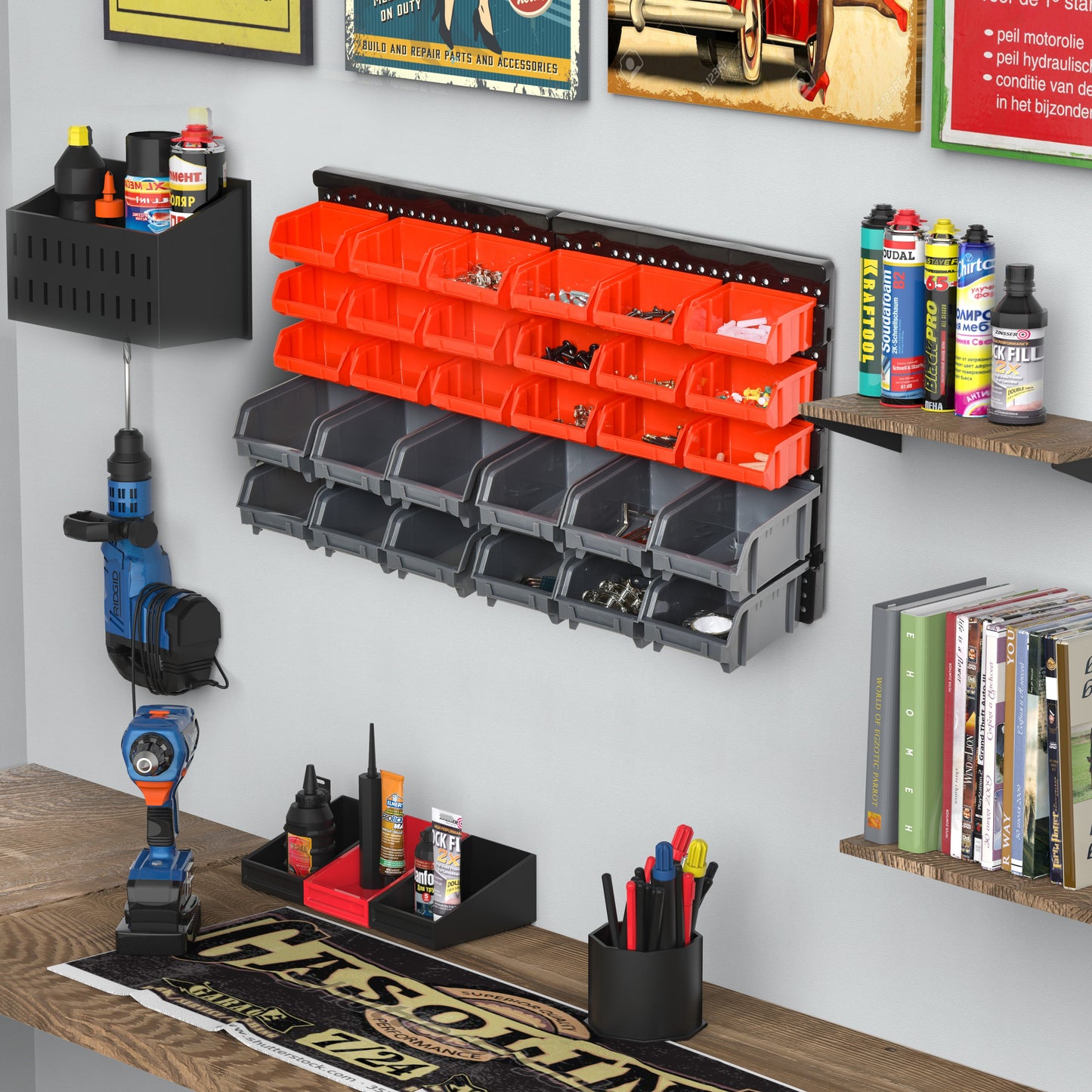 DURHAND Wall Mounted Storage Bin Rack Tool Organizer with 30 Bins  Pegboard for Garage Workshops | Aosom Canada