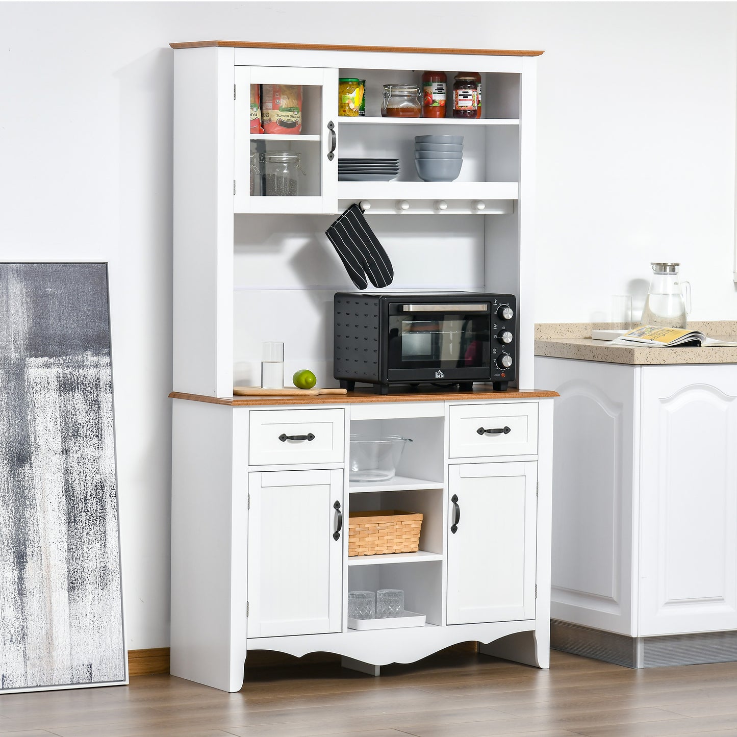 HOMCOM 71" Kitchen Buffet with Hutch, Farmhouse Style Storage Cupboard with Utility Drawer, 3 Door Cabinets and 5-tier Shelves, White | Aosom Canada