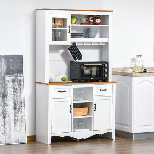 HOMCOM 71" Kitchen Buffet with Hutch, Farmhouse Style Storage Cupboard with Utility Drawer, 3 Door Cabinets and 5-tier Shelves, White | Aosom Canada