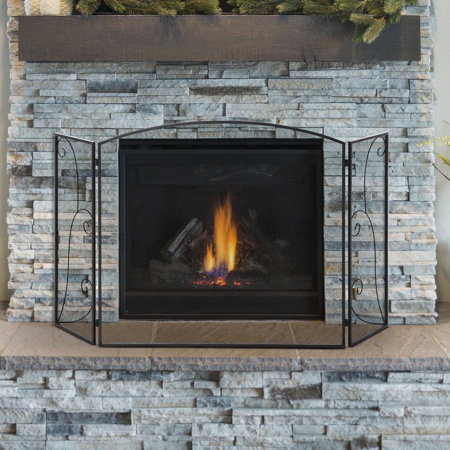 HOMCOM 3-Panel Metal Fireplace Mesh Screen Home Foldable Steel Spark Guard Decoration  Black|Aosom Canada