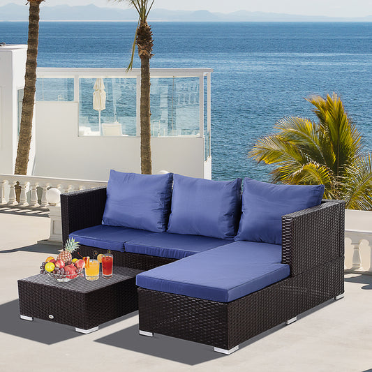 Outsunny 3 Pieces Adjustable Seat Rattan Wicker Sofa Steel Frame Furniture Set Sleeping Couch Bed Lounge, Navy Blue | Aosom Canada