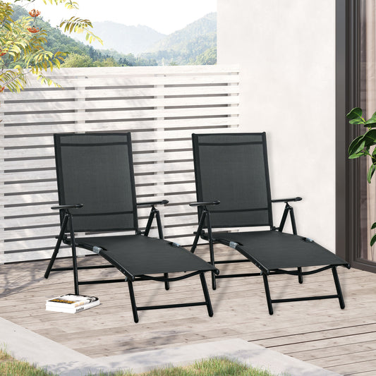 Outsunny Outdoor Set of 2 Lounge Chair, Folding Reclining Garden Sun Lounger with Metal Frame, Black | Aosom Canada