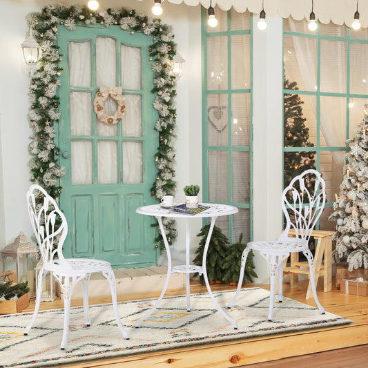 Outsunny 3PCs Patio Bistro Set, Outdoor Cast Aluminum Garden Table and Chairs with Umbrella Hole for Balcony, White | Aosom Canada
