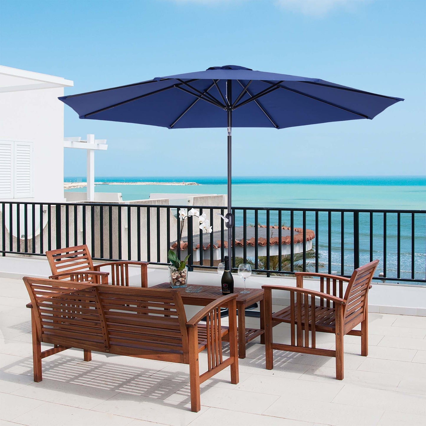 Outsunny 10'x 8' Steel Frame Round Market Patio Sun Umbrella Garden Parasol Outdoor Sunshade Canopy (Blue) | Aosom Canada