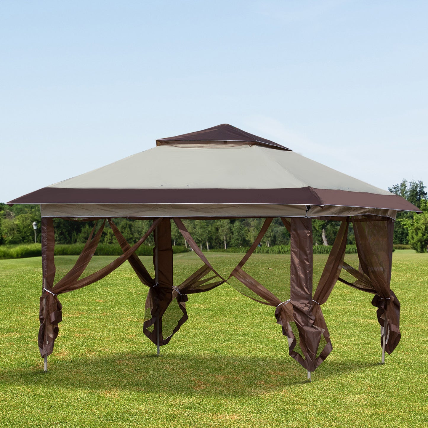 Outsunny 12' x 12' Heavy Duty Pop Up Canopy with Center Lift Hook Design, Mesh Sidewall Netting, Beige | Aosom Canada