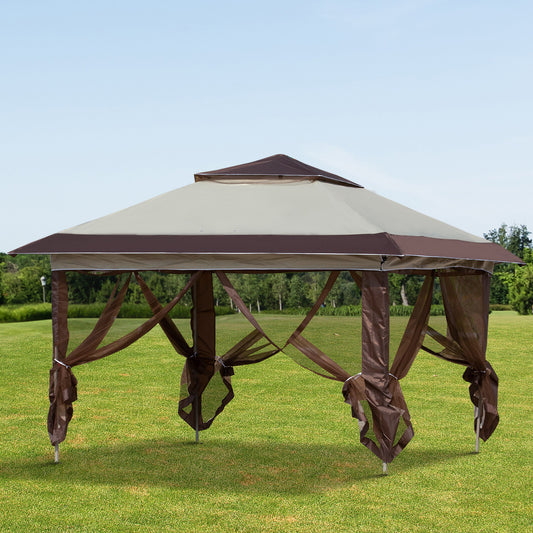 Outsunny 12' x 12' Heavy Duty Pop Up Canopy with Center Lift Hook Design, Mesh Sidewall Netting, Beige | Aosom Canada