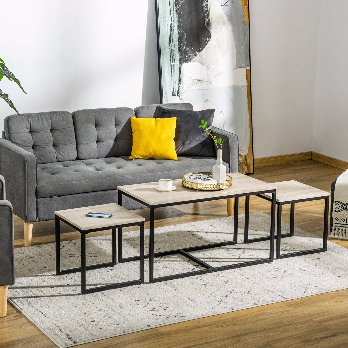 HOMCOM Nesting Coffee Table Set of 3, Modern End Tables with Black Metal Frame for Living Room Home Furniture, Natural | Aosom Canada