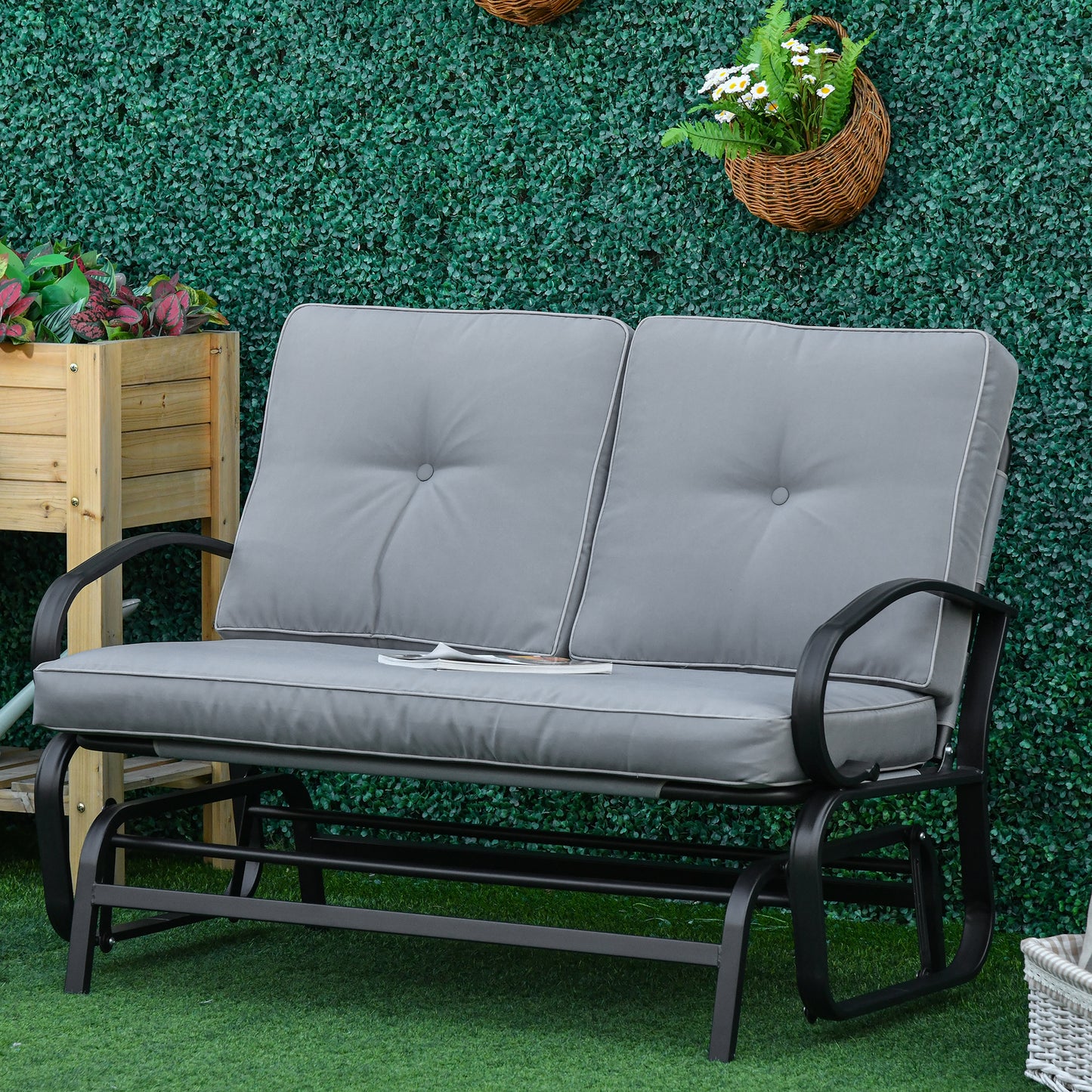 Outsunny Patio Glider Bench with Padded Cushions and Armrests, Outdoor 2-Person Gliding Chair Loveseat with Sturdy Frame, Grey | Aosom Canada