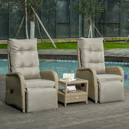 Outsunny 3 Pieces Patio Wicker Bistro Set, PE Rattan Coffee Table & Recline Chairs Set, w/ Cushions & Wood Grain Plastic Top | Aosom Canada