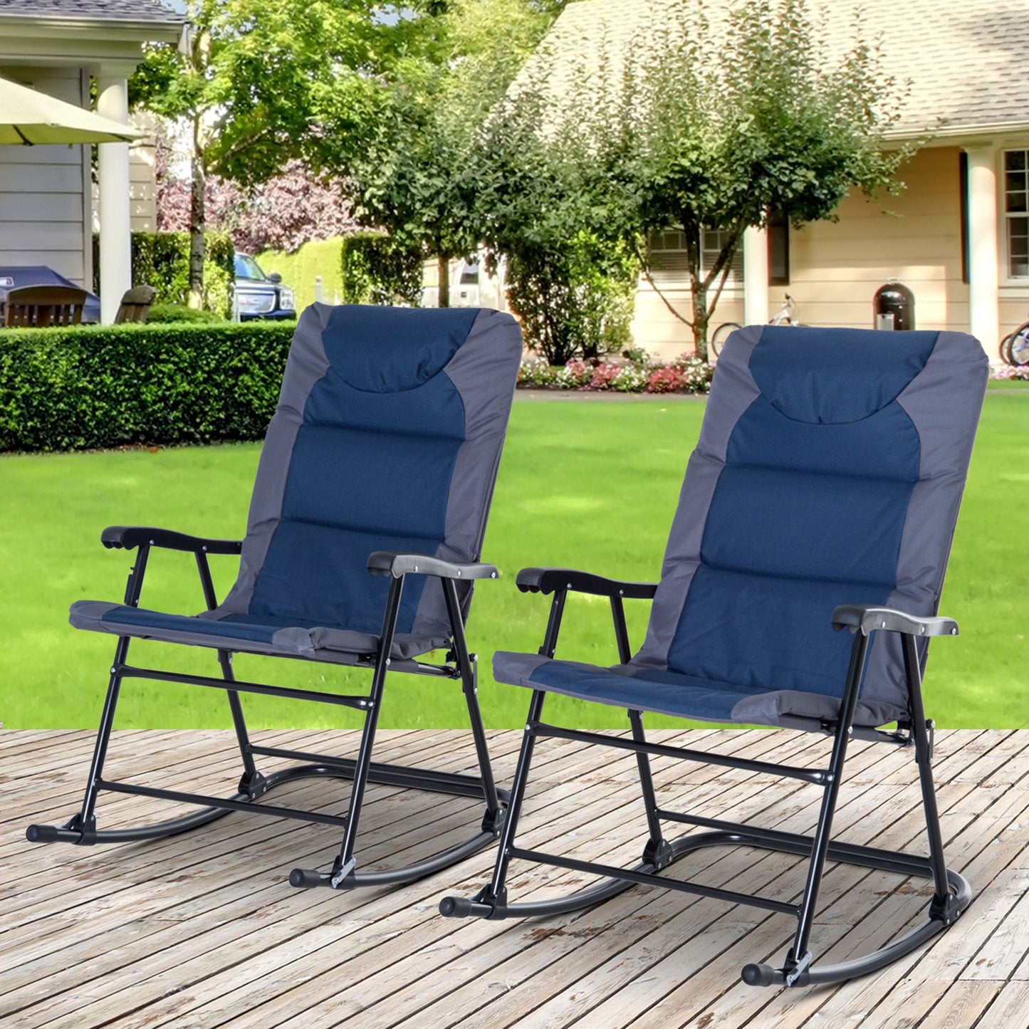 Outsunny Folding Rocking Chair Set Pack of 2 Padded Rockers with Armrest, Navy Blue/Grey | Aosom Canada