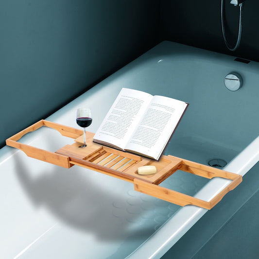 HOMCOM Extendable Natural Bamboo Bathtub Caddy Shower Bath Shelf Expandable Tray Holder Soap Book Rack Wine Organizer Shelf | Aosom Canada