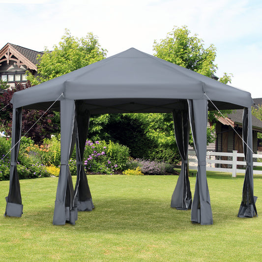 Outsunny 12.5' Pop Up Gazebo Hexagonal Canopy Tent Outdoor Shelter Pavilion Sun Protection with Mesh Sidewalls, Handy Bag, Dark Grey | Aosom Canada