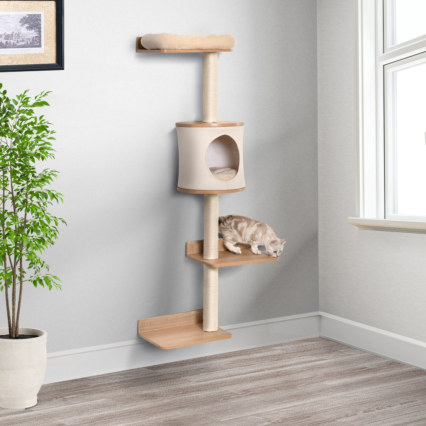 PawHut Cat Tree Pet Wall-mounted Climbing Frame Shelf Kitten Perch Activity Center Condo Bed Scratching Post Light Brown | Aosom Canada