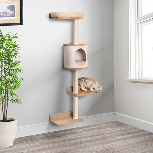 PawHut Cat Tree Pet Wall-mounted Climbing Frame Shelf Kitten Perch Activity Center Condo Bed Scratching Post Light Brown | Aosom Canada