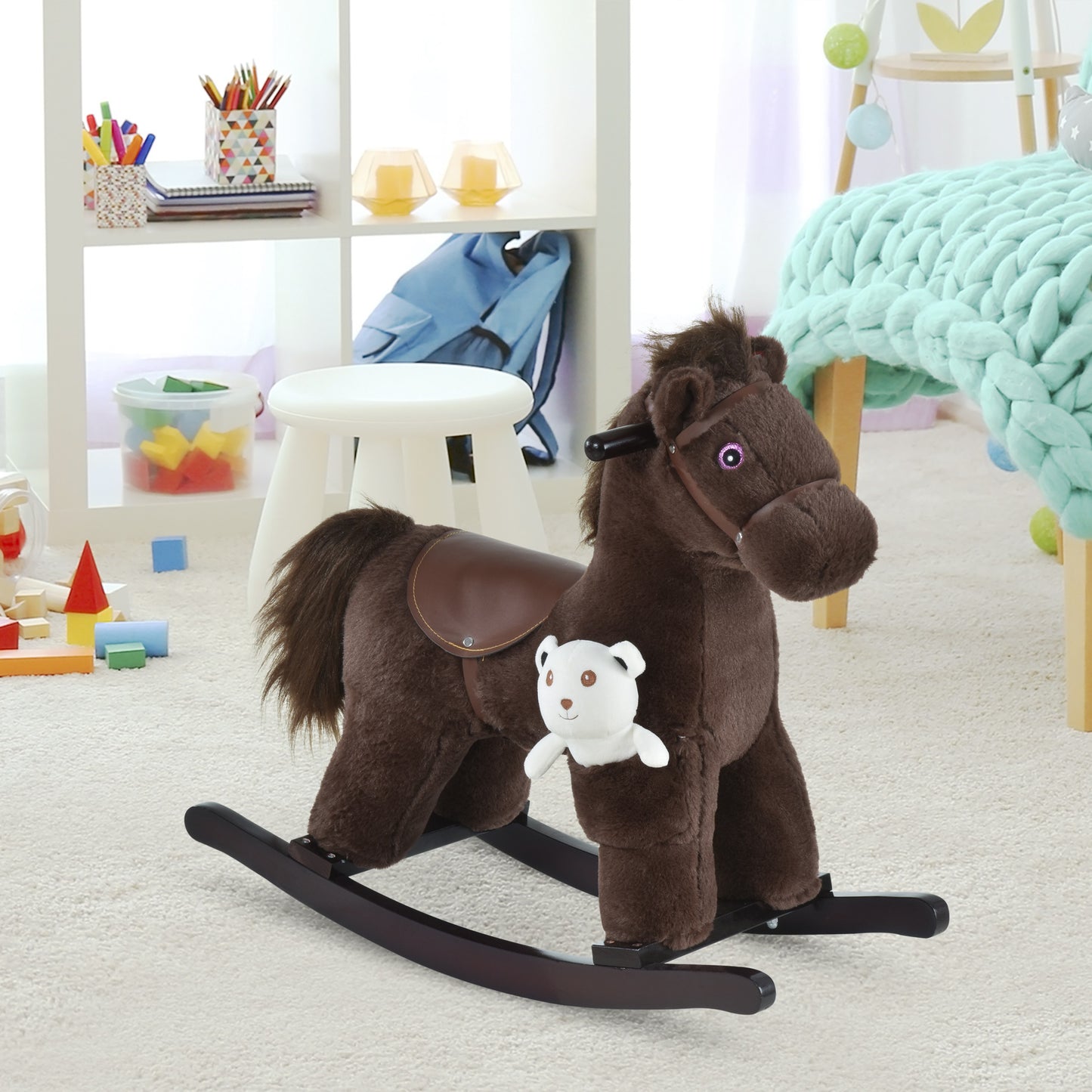Qaba Kids Plush Ride-On Rocking Horse with Bear Toy, Children Chair with Soft Plush Toy & Fun Realistic Sounds, Brown | Aosom Canada