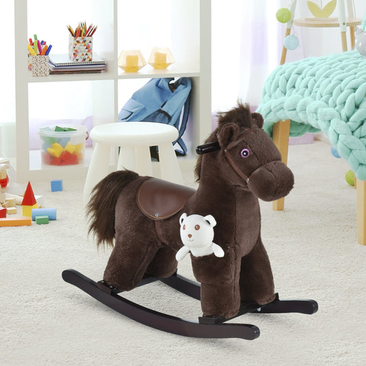 Qaba Kids Plush Ride-On Rocking Horse with Bear Toy, Children Chair with Soft Plush Toy & Fun Realistic Sounds, Brown | Aosom Canada