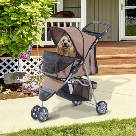 PawHut 3 Wheel Folding Pet Stroller Cat Dog Carrier Cart Jogging Stroller with Brake and Canopy, Coffee | Aosom Canada
